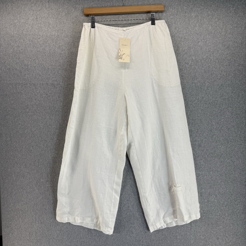 Kleen Womens Large White Linen Wide Leg Pants Pull On Lagenlook Micro Pocket NWT